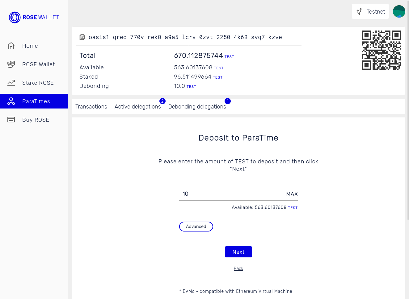 Deposit tokens: Amount