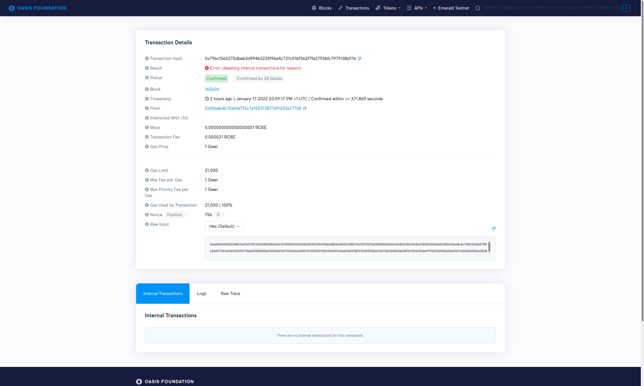 Emerald block explorer showing a failed transaction